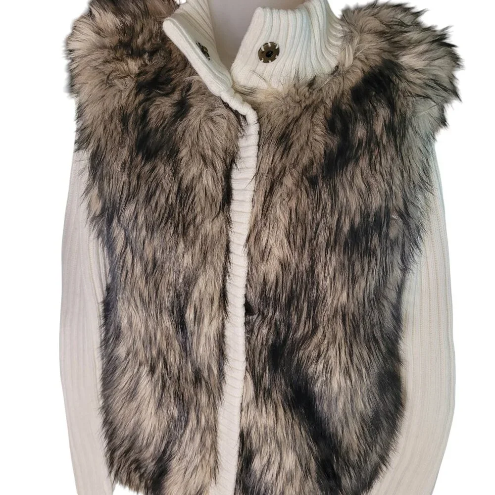 Michael Kors Fur Sweater Jacket Faux fur Cream Brown Button Up Lined Sz M - Picture 3 of 8